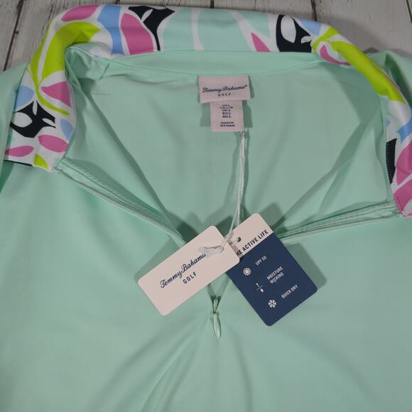 Tommy Bahama Golf Short‎ Sleeve Print Collar Shirt Mint L NWT | 1/4 Zip Perf Top - Picture 6 of 8